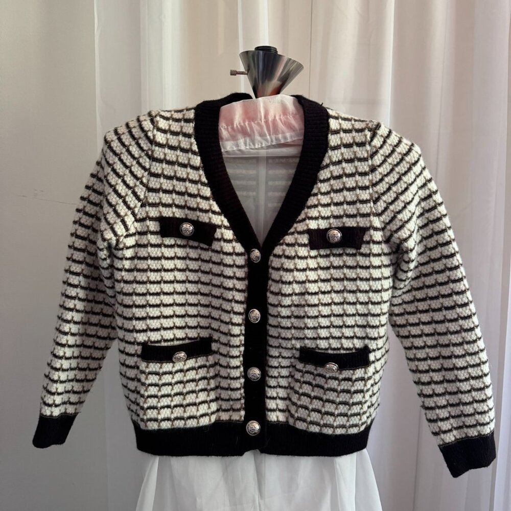 Stylish Black & Cream Striped Shein Cardigan with Gold Buttons